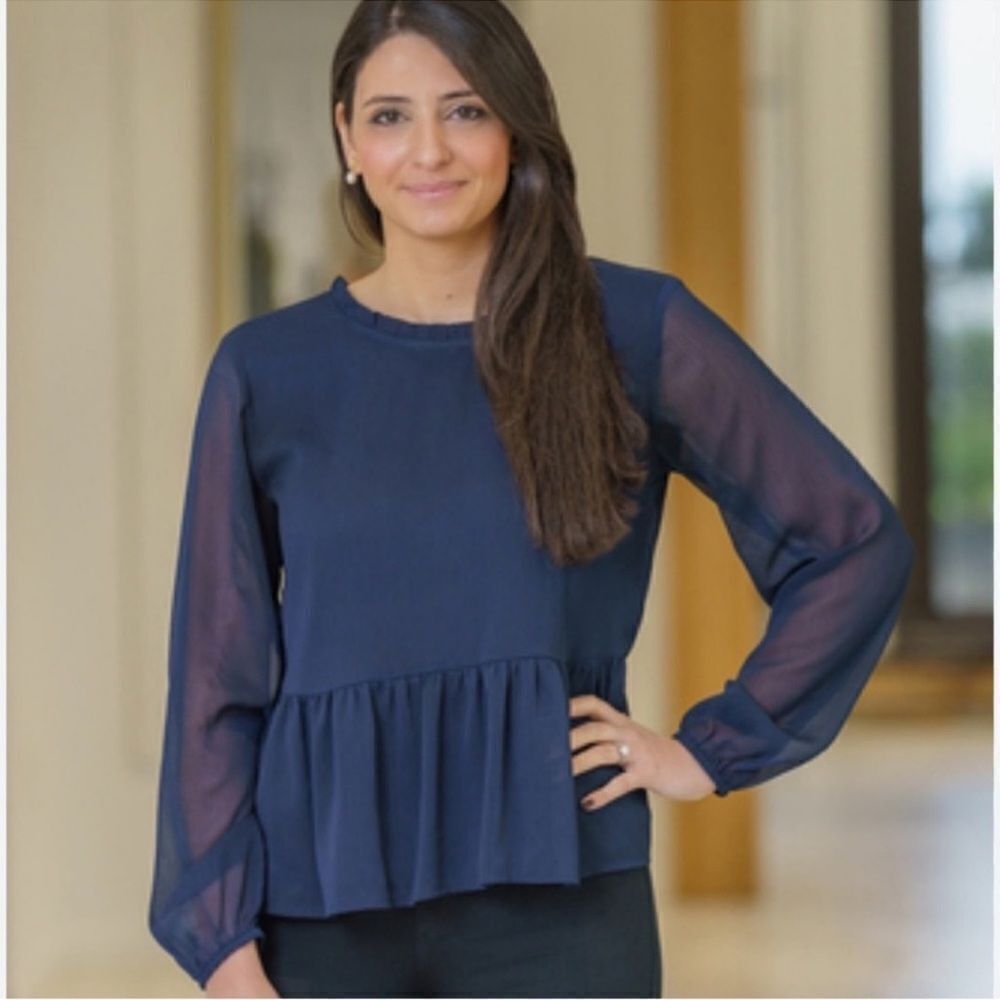 LOFT M Navy Chiffon Ruffle Neck Back V-Neck Sheer Sleeve Peplum Blouse